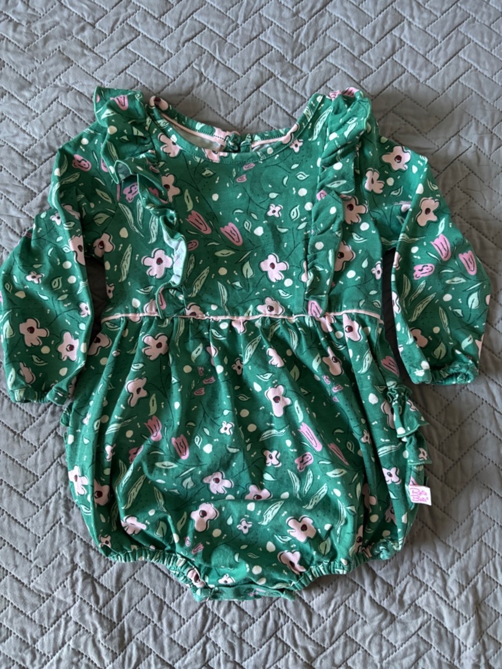 Ruffle Butts Green Floral Romper with Pink Accents